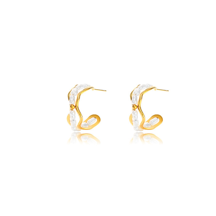 1 Pair Elegant Simple Style Round Asymmetrical Plating Inlay Stainless Steel  Pearl 18K Gold Plated Earrings