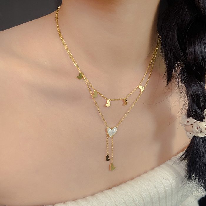 Sweet Simple Style Heart Shape Stainless Steel Plating Inlay Shell 18K Gold Plated Layered Necklaces