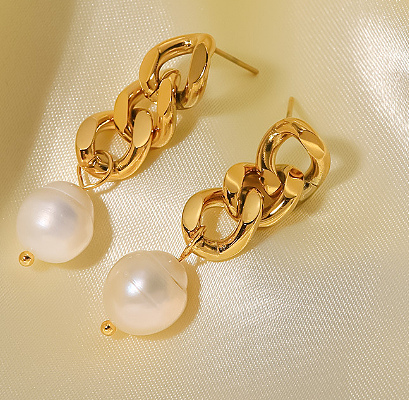 1 paire de boucles d'oreilles pendantes en acier inoxydable, Style Simple, Style classique, placage de couleur unie, perle d'eau douce, plaqué or