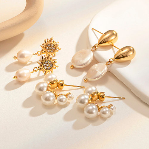 Pendientes geométricos elegantes de acero inoxidable con incrustaciones de perlas y circonitas, 1 par