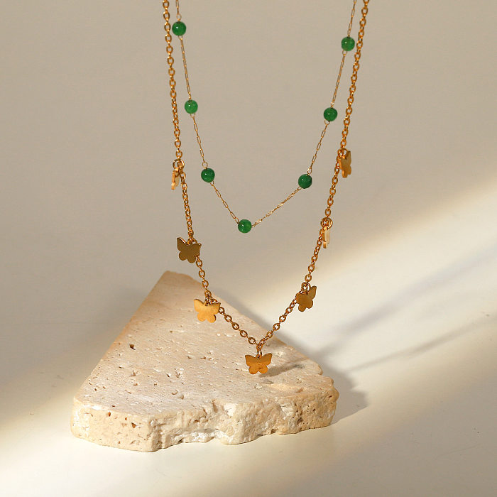 Collier en acier inoxydable, or 18 carats, ornement en pierre verte, petites perles, pompon papillon, Double collier en acier inoxydable
