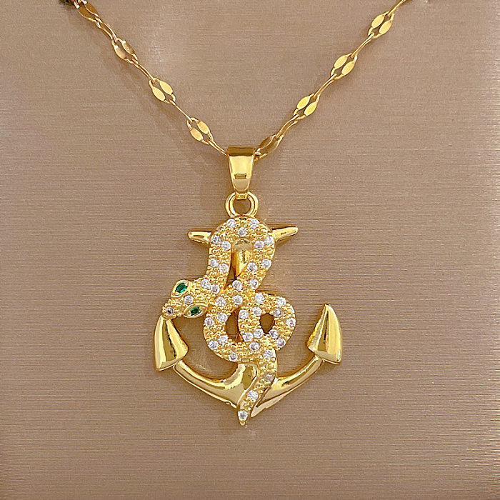 Casual Cool Style Anchor Snake Stainless Steel Copper Plating Inlay Zircon Pendant Necklace