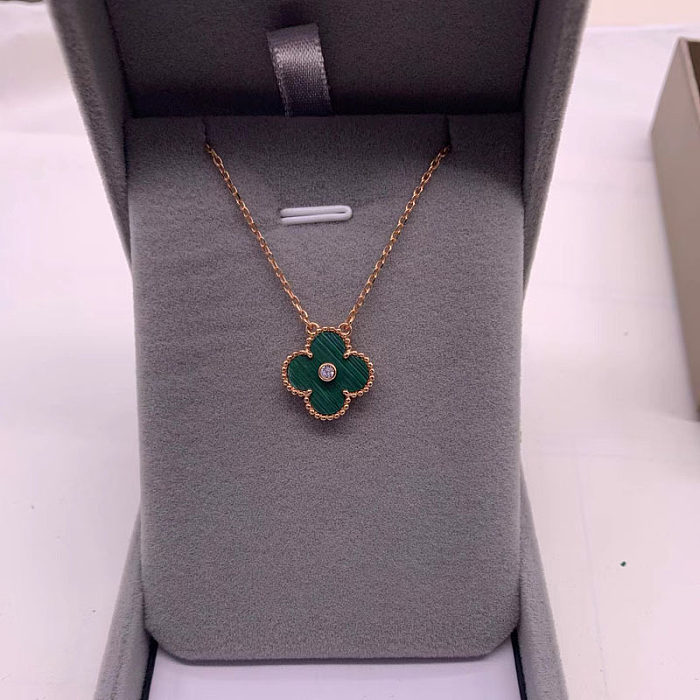 Sweet Four Leaf Clover Stainless Steel Inlay Artificial Gemstones Pendant Necklace