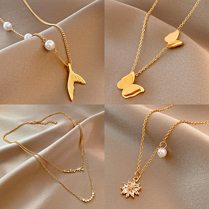 Elegant Simple Style Geometric Stainless Steel Plating Inlay Artificial Pearls Shell Zircon Necklace
