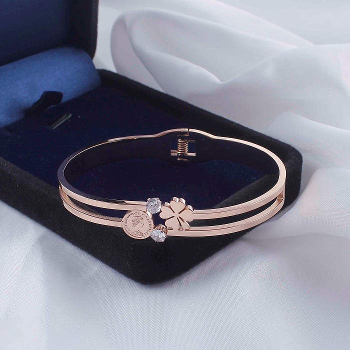 Casual Classic Style Heart Shape Flower Stainless Steel Inlay Rhinestones Rose Gold Plated Gold Plated Silver Plated Bangle