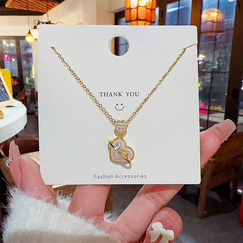 Elegant Letter Heart Shape Stainless Steel Plating Inlay Artificial Pearls Zircon Gold Plated Pendant Necklace