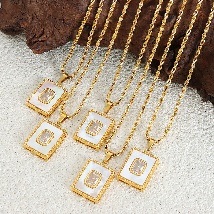 Casual Elegant Shiny Square Stainless Steel 18K Gold Plated Shell Zircon Pendant Necklace In Bulk