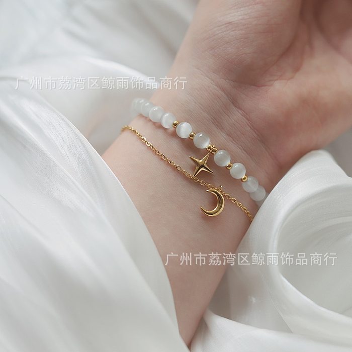 Fashion Jewelry Two Piece Star Moon Opal Elastic Titanium Steel Bracelet