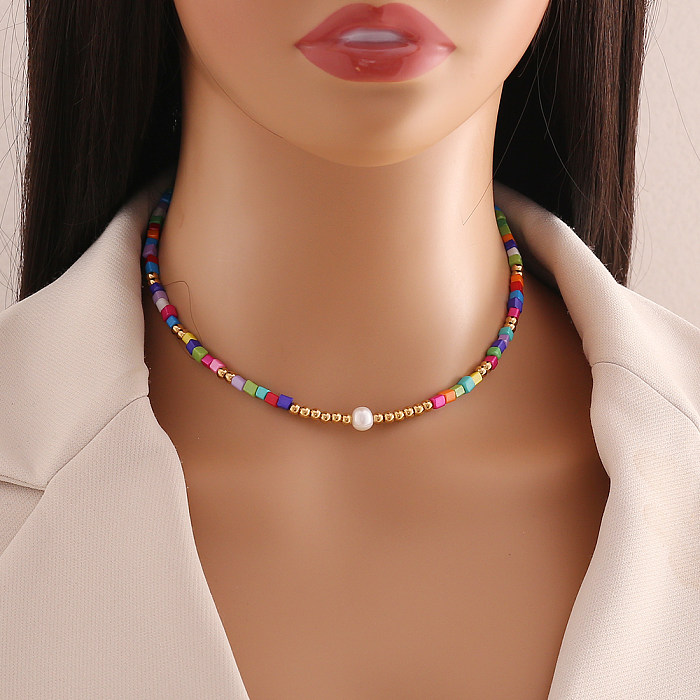 Lässige, böhmische, mehrfarbige, handgefertigte Halskette aus Edelstahl mit künstlichen Perlen und Saatperlen