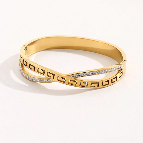 Elegante estilo vintage geométrico de aço inoxidável cruzado polimento incrustado strass pulseira banhada a ouro 14K