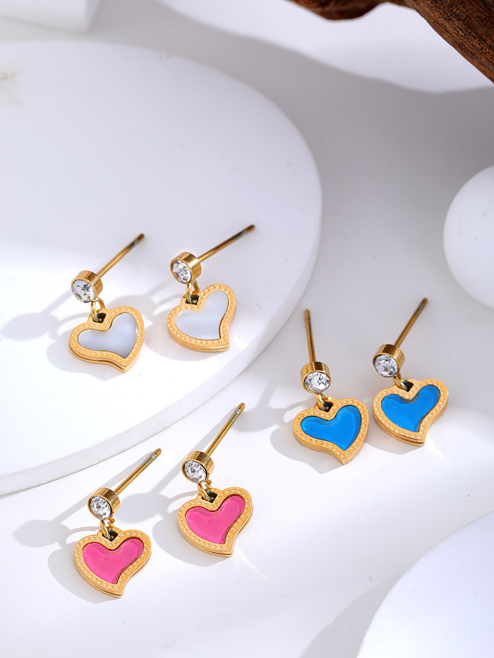 1 Pair Elegant Lady Heart Shape Enamel Plating Inlay Stainless Steel Rhinestones 18K Gold Plated Drop Earrings