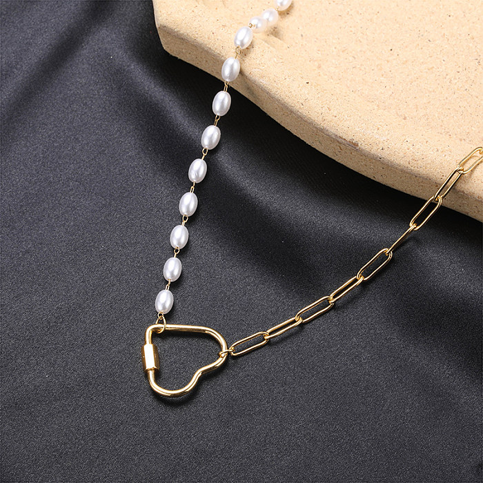 Lady Heart Shape Stainless Steel  Artificial Pearl Pendant Necklace In Bulk