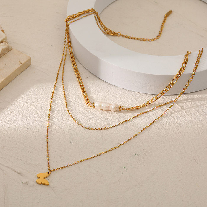 Großhandel mit eleganten Schmetterlings-Edelstahl-Halsketten mit 18-karätigem Goldüberzug und mehrlagigen Perlenketten