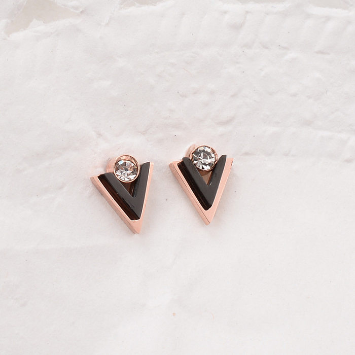 Moda geométrica zircão preto triângulo rosa ouro brincos de aço inoxidável atacado