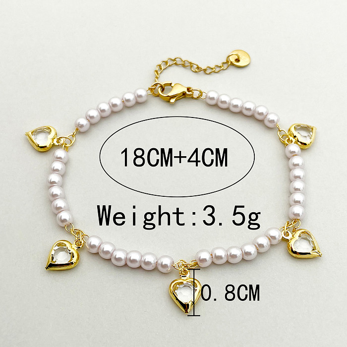 Elegant Romantic Heart Shape Stainless Steel Artificial Pearl Charm Plating Inlay Diamond Gold Plated Bracelets