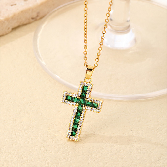 Hip-Hop Vintage Style Simple Style Cross Stainless Steel  Plating Inlay Zircon Gold Plated Pendant Necklace