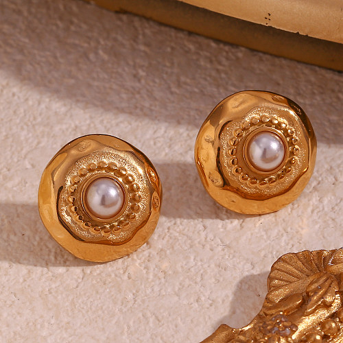 1 par de pendientes chapados en oro de 18 quilates con perlas artificiales de acero inoxidable con revestimiento geométrico de estilo vintage
