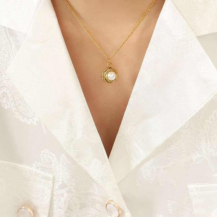 Elegant Geometric Stainless Steel  Inlay Artificial Pearls 18K Gold Plated Pendant Necklace