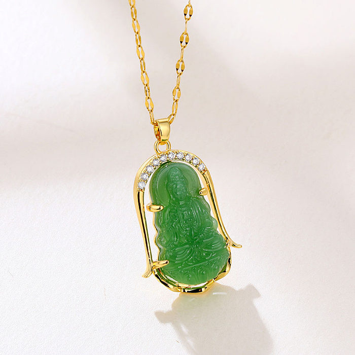 Chinoiserie Portrait Stainless Steel  Stainless Steel Plating Inlay Jade Zircon 18K Gold Plated Gold Plated Pendant Necklace