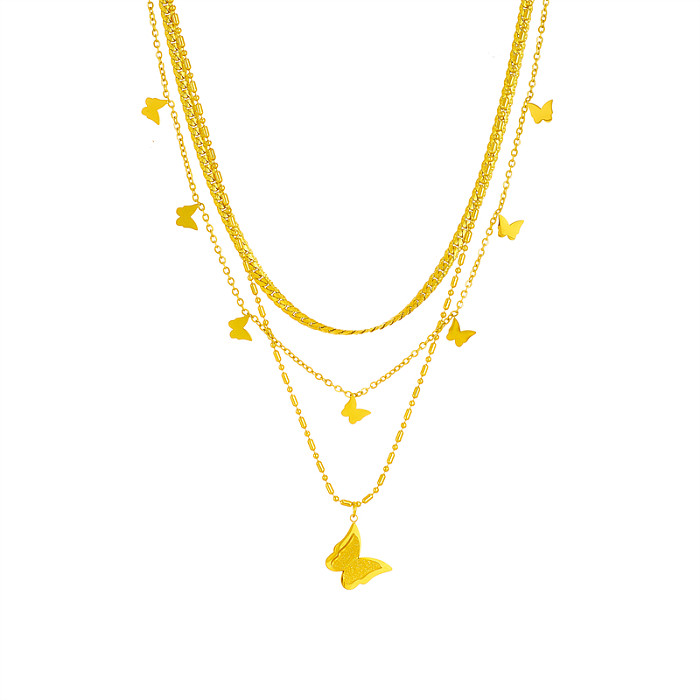 Korean Style Butterfly Stainless Steel Layered Plating 18K Gold Plated Layered Necklaces