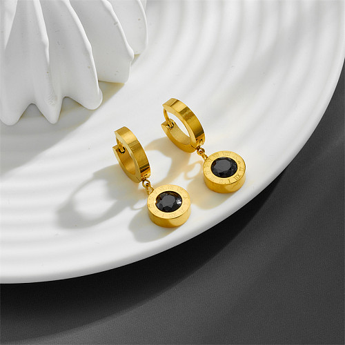 1 paire de boucles d'oreilles pendantes en acier inoxydable et diamant plaqué or 18 carats, Style Simple et élégant, incrustation ronde