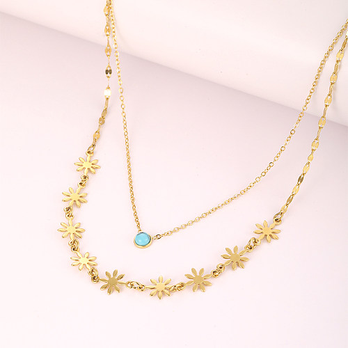 Hip-Hop Cool Style Flower Stainless Steel  Plating Inlay Turquoise 18K Gold Plated Double Layer Necklaces
