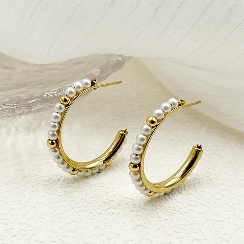 1 Pair Business Retro C Shape Stainless Steel  Polishing Plating Inlay Pearl Gold Plated Ear Studs