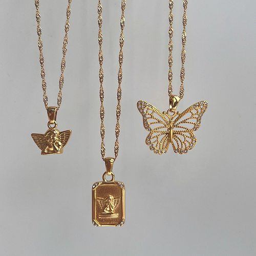 Großhandel Halskette mit quadratischem Schmetterlings-Anhänger im britischen Stil, Edelstahl, 18 Karat vergoldet, mit künstlichen Edelsteinen