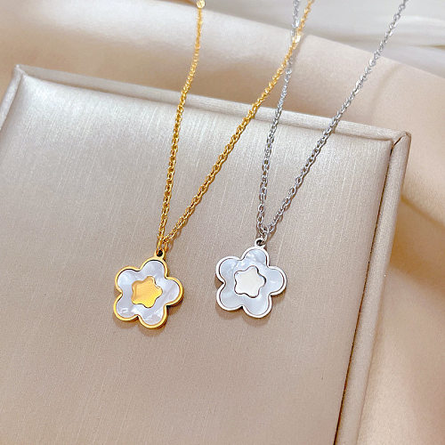 Elegant Flower Stainless Steel Plating Inlay Shell Pendant Necklace