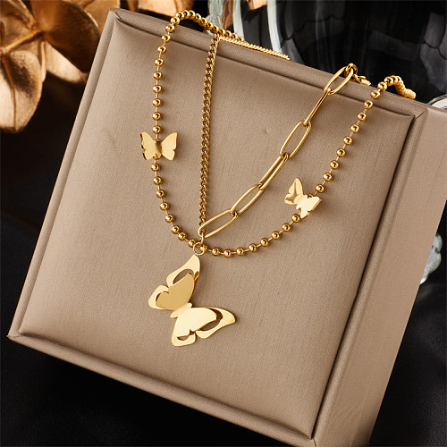 Collares de doble capa chapados en oro de 18K con revestimiento de acero inoxidable de mariposa de estilo simple