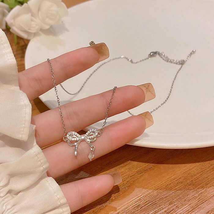 Elegant Lady Geometric Heart Shape Bow Knot Stainless Steel Copper Plating Inlay Zircon Pendant Necklace