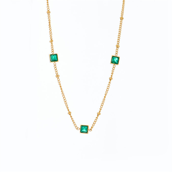 Collar de cadena de clavícula geométrico chapado en oro de 14K de acero inoxidable con circonio verde cuadrado de nuevo estilo