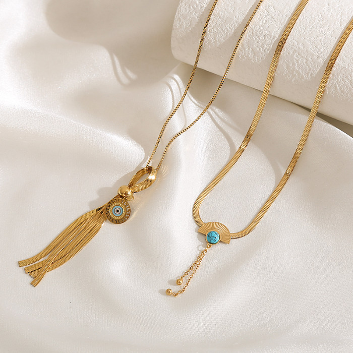 Elegante, luxuriöse Teufelsauge-Sektor-Quasten-Halskette mit Edelstahl-Beschichtung, Türkis-vergoldeter Anhänger-Halskette
