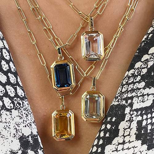 IG Style Square Stainless Steel  Plating Inlay Zircon 18K Gold Plated Pendant Necklace