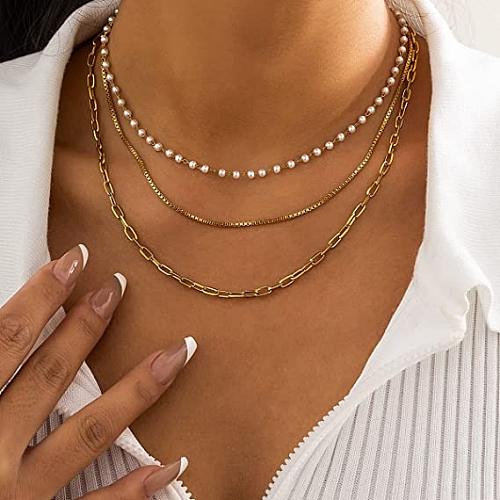 Mode 18K Gold Edelstahl kleine Perlenkette dreischichtige Halskette Frauen