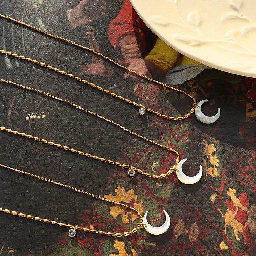 Collier en acier inoxydable avec lune géométrique pour femmes, plaqué Zircon, colliers en acier inoxydable