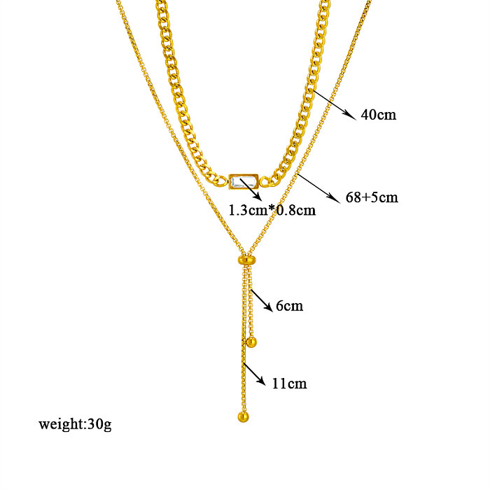 Elegant Streetwear Rectangle Stainless Steel Plating Inlay Rhinestones 18K Gold Plated Layered Necklaces
