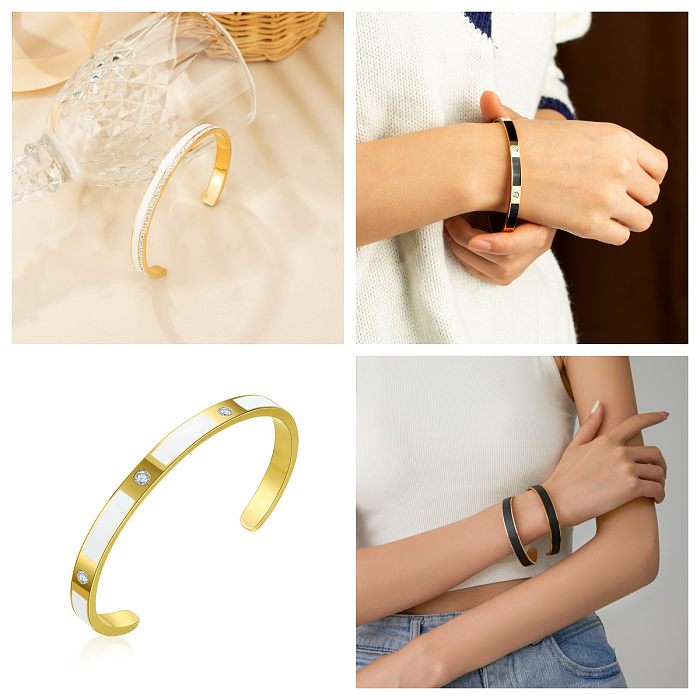 Casual Cute Simple Style Color Block Stainless Steel Leather Rose Gold Plated Gold Plated Zircon Bangle In Bulk