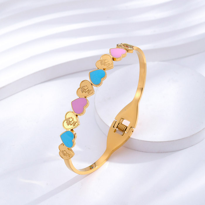 Simple Style Classic Style Four Leaf Clover Tree Heart Shape Titanium Steel Epoxy Plating Inlay Zircon 24K Gold Plated Bangle