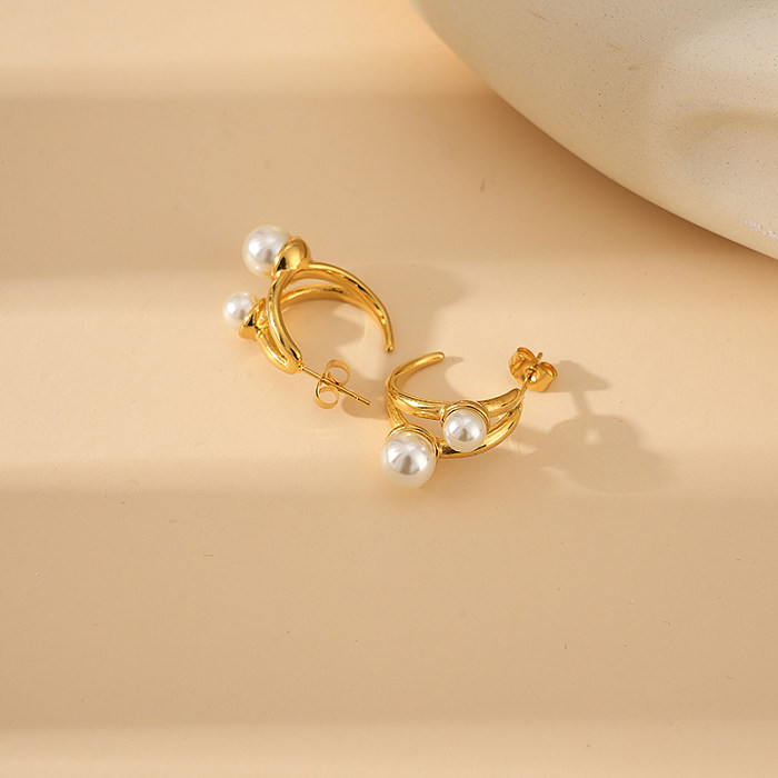 1 Pair Casual Vacation Classic Style C Shape Plating Inlay Stainless Steel  Artificial Pearls Gold Plated Earrings