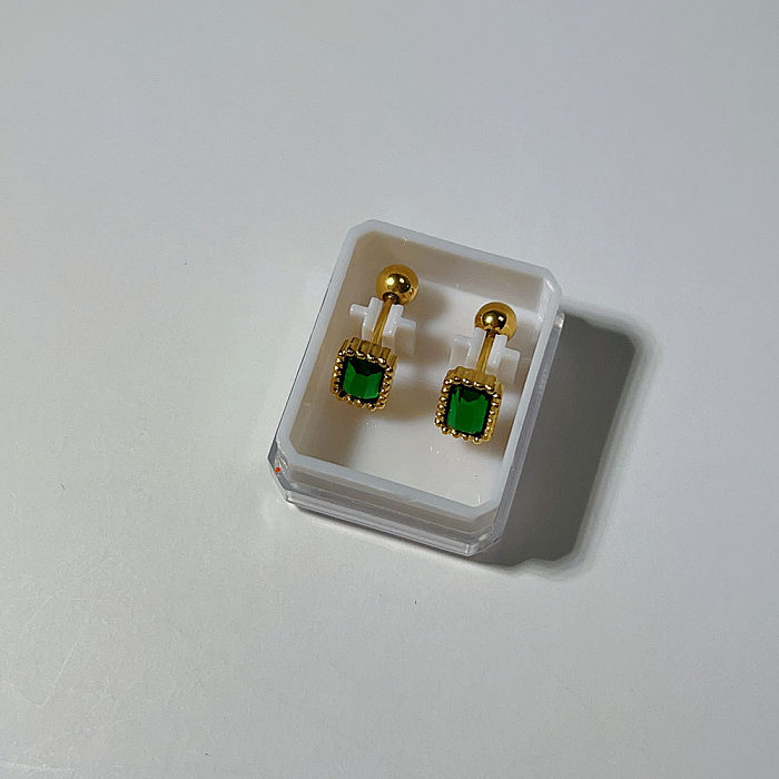 1 paire de clous d'oreilles en diamant artificiel en acier inoxydable, avec lettre douce et carrée, incrustation de placage