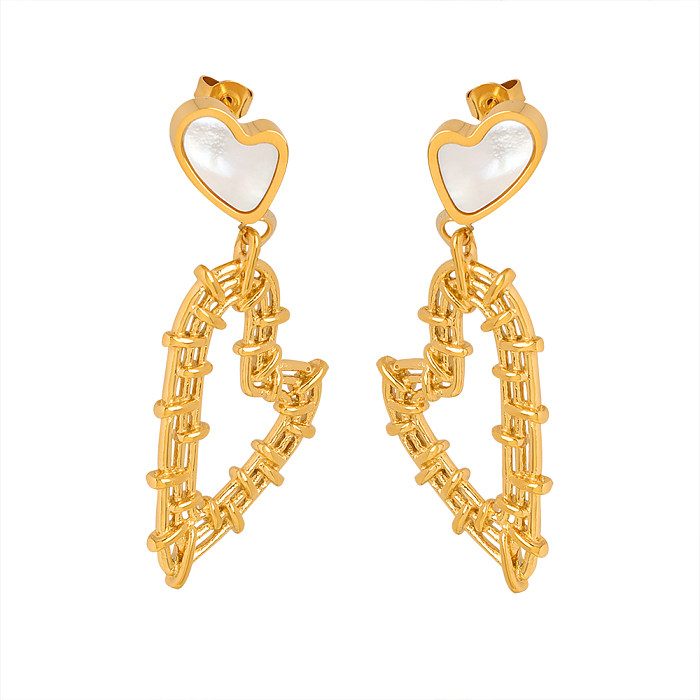 1 Pair Elegant Heart Shape Stainless Steel Inlay Shell 18K Gold Plated Drop Earrings