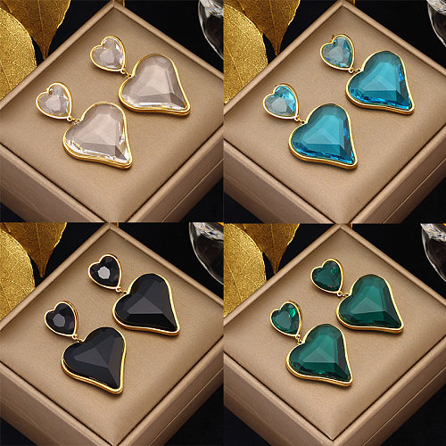 1 par estilo moderno forma de coração chapeamento incrustação de pedras preciosas artificiais de aço inoxidável brincos de gota