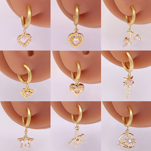 1 Pair Vintage Style Sun Star Moon Plating Inlay Stainless Steel  Gem Rhinestones Zircon Gold Plated Drop Earrings