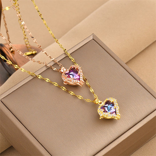 Fashion Heart Shape Stainless Steel Plating Inlay Rhinestones Pendant Necklace 1 Piece