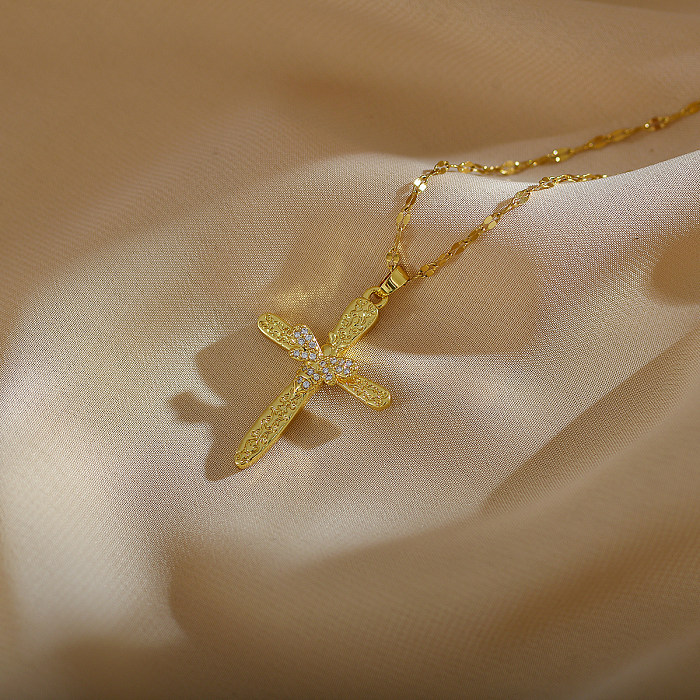 Schlichter Stil Pendelkreuz-Anhänger-Halskette aus Edelstahl mit Kupferbeschichtung und Inlay-Zirkon-Anhänger