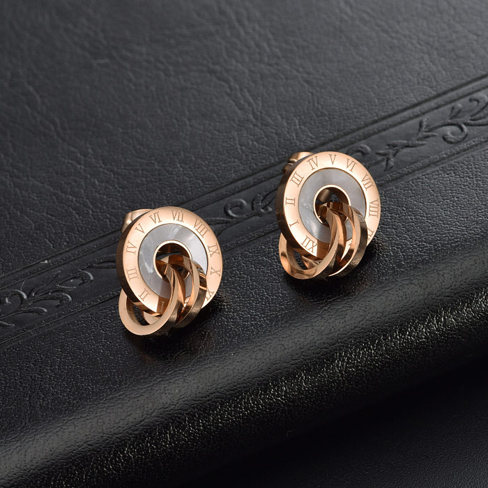 1 Pair Elegant Round Stainless Steel  Inlay Shell Ear Studs