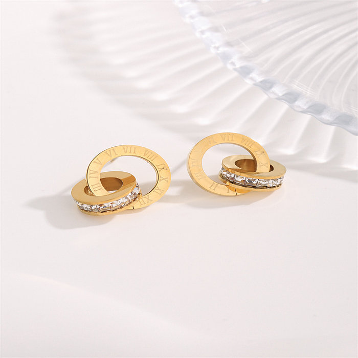 1 par de pendientes chapados en oro con circonita de acero inoxidable con incrustaciones de números circulares de estilo moderno e informal