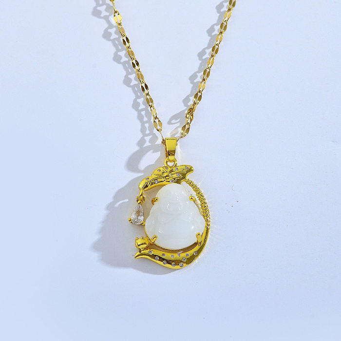 Collar con colgante chapado en oro con circonitas de jade y incrustaciones de acero inoxidable geométrico elegante informal