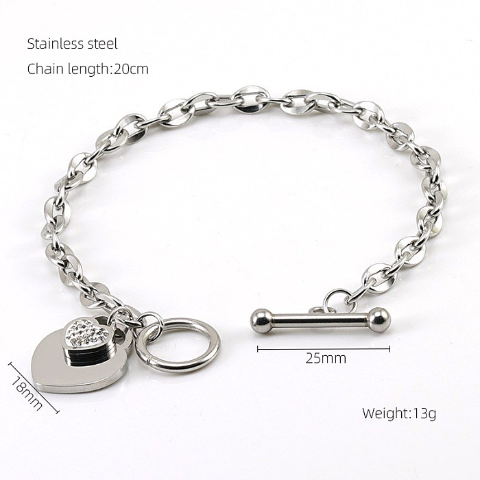 Sweet Heart Shape Stainless Steel Toggle Plating Inlay Artificial Diamond 18K Gold Plated Bracelets